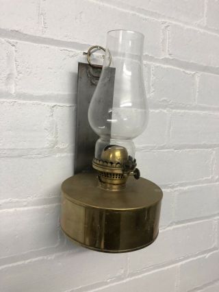 Vintage Standing Or Wall Mounted Brass Oil Lamp With Glass Chimney