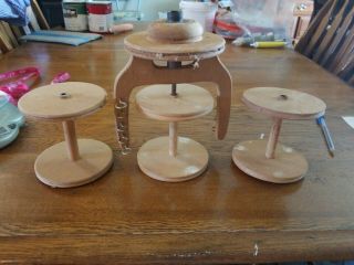 Wood Spinning Wheel Flyer Bobbin Spool.  Winder And 3 Bobbins