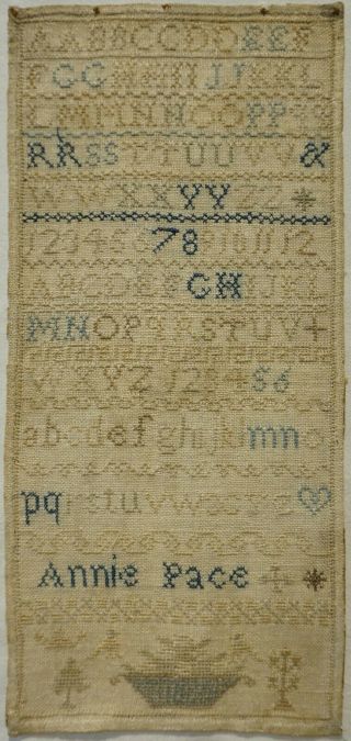 Mid/late 19th Century Alphabet & Motif Sampler By Annie Pace - C.  1860