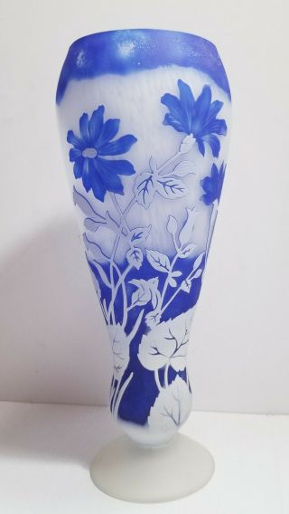 Blue & White Cameo Glass Vase 13 " Acid Mark Signed Base Shannon Crystal