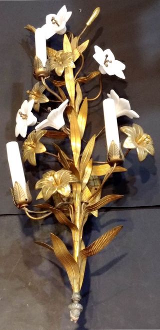 Art Nouveau,  Gilt Brass,  Milk Glass,  Lily Floral & Candle Light Fixture