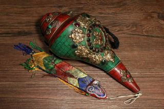 10.  8 " Old Tibet Conch Inlay Turquoise Brass Gem Gold Conch Shell Trumpet Horn