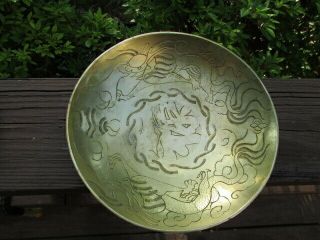 Vintage Chinese Engraved Brass Shallow Bowl Dragons Clouds Lantern 9 "