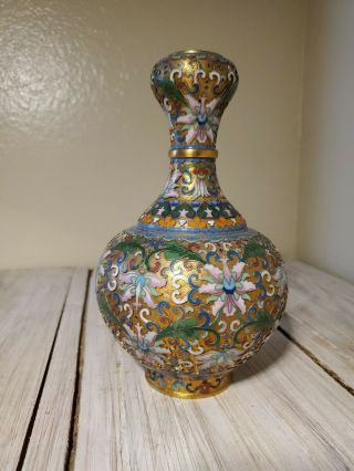 Jingfa Cloisonne Brass 8 " Tall Vase,  Floral Pattern Stunning,