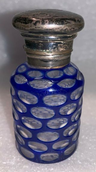 Victorian Faceted Blue Cut Glass Perfume Sterling Silver Top
