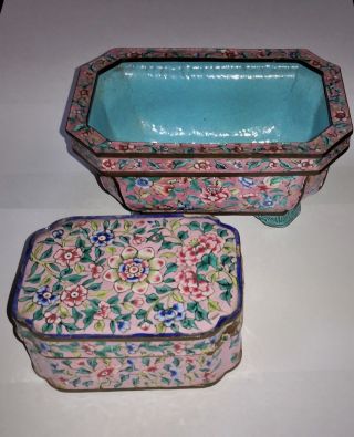 Antique Chinese Canton Cantonese Jardiniere - Planter And Box On Pink Ground