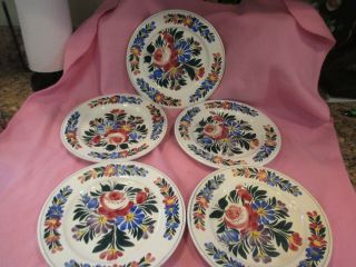 Set Of 5 Antique Czechoslovakia 8 " 1/4 Plates Burgundy,  Blue,  Green Floral