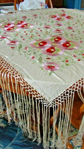 Antique 1920s Silk Embroidered Long Fringe Piano Shawl
