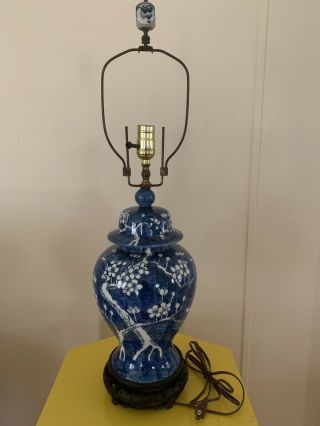 Antique Chinese Lamp Ginger Jar Prunus Plum Blossom Blue White Rewired.  Asian