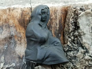 Miniature Very Old Carved Coal Or Basalt Hooded Sitting Figure - Mystery Item