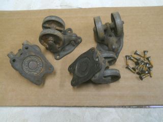 Set Of 4 Antique Cast Iron Double Wheel Casters W/original Screws 1884 - Unusual