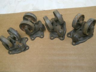 Set of 4 Antique Cast Iron Double Wheel Casters w/Original Screws 1884 - UNUSUAL 3
