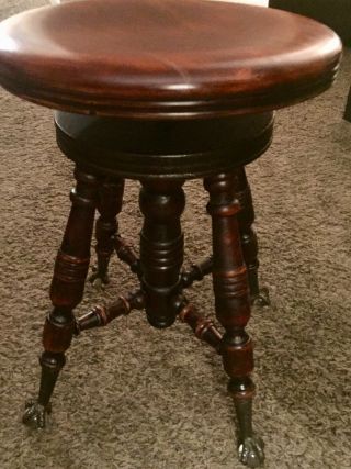 Antique 19th Century A.  Merriam Piano Swivel Stool Claw And Ball Glass Feet