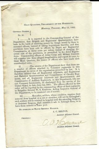 Civil War Orders; 1862 Dept Mississippi,  Payments Forage,  Excess Officers Signed