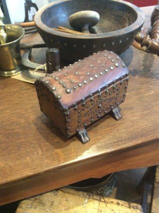 Small Antique Vintage Leather Studded Jewel Box Casket Jewellrey