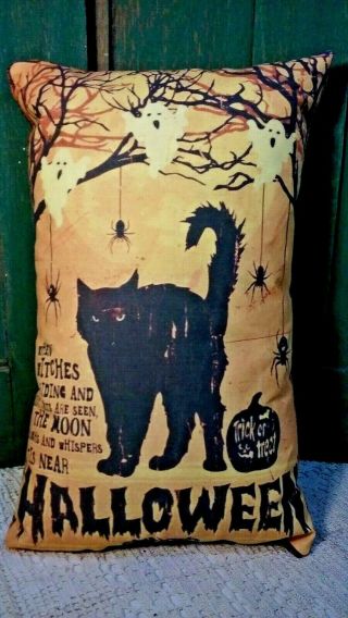 Primitive Vintage Halloween Pillow Black Cat Ghost Spiders In Tree Poem Pumpkin