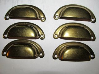 6 vintage drawer pulls bin cup handle dull brass finish steel 3 - 1/2 last set 2