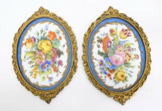 Pair Antique French Bronze Mounted Porcelain Plaques Hand Painted With Flowers