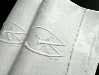 Pair Antique Damask Linen Bath Towels " W " Mono 40x22 ",  Carnations,  Hem Stitched