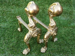 Antique Victorian Solid Brass Fire Dogs Claw And Ball Andirons Heavy