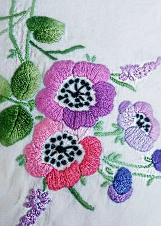 Vintage Hand Embroidered Anemones Tablecloth W Sprinkle Of Flowers