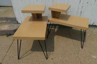 2 Vintage Mid Century 2 Tier End/side Tables - Blonde Formica W/hairpin Legs