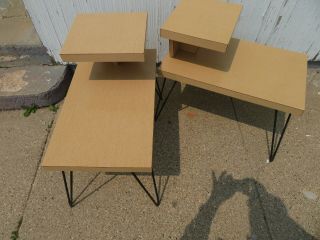 2 Vintage Mid Century 2 Tier End/Side Tables - Blonde Formica w/Hairpin Legs 2