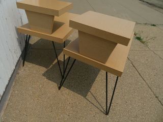 2 Vintage Mid Century 2 Tier End/Side Tables - Blonde Formica w/Hairpin Legs 4