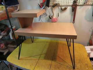 2 Vintage Mid Century 2 Tier End/Side Tables - Blonde Formica w/Hairpin Legs 5
