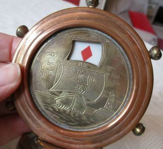 Vintage brass & copper Ships Wheel trumps / whist card game marker 3