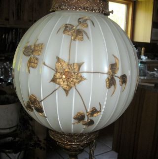 Mid Century Modern Electric Hanging Ceiling Light White Globe Gold Leaves Ornate