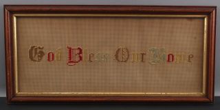 Antique c1900 Victorian GOD BLESS OUR HOME Embroidered Folk Art Motto Sign NR 2