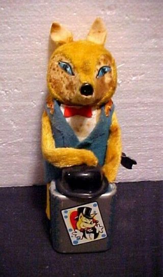 Vintage Textured Cloth Litho Fox Magician Wind Up Tin Toy,  Japan Great