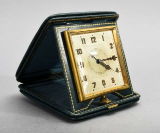 Vintage 8 Days Travel Alarm Clock In Green Leatherette Folding Case