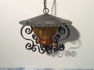 Vintage French Farmhouse Amber Glass Lantern Ceiling Light with Metal Hood (3290 2