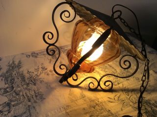 Vintage French Farmhouse Amber Glass Lantern Ceiling Light with Metal Hood (3290 4