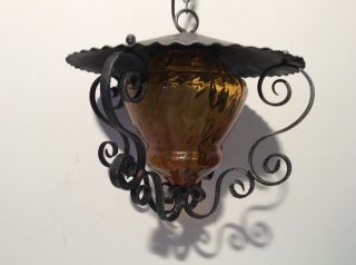 Vintage French Farmhouse Amber Glass Lantern Ceiling Light with Metal Hood (3290 5