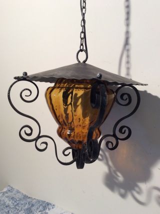 Vintage French Farmhouse Amber Glass Lantern Ceiling Light with Metal Hood (3290 6
