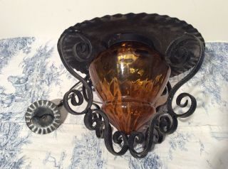 Vintage French Farmhouse Amber Glass Lantern Ceiling Light with Metal Hood (3290 7