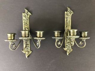 Pair Antique Art Nouveau 3 Arm Brass Candle Wall Sconces Candelabra Arts Crafts