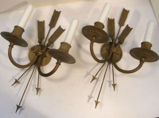 Vintage Pr Neoclassical Hollywood Regency Brass Arrow Cluster Sconces Lights