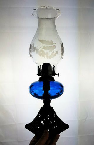 Victorian Blue Cut Glass Font Kerosene Oil Lamp Etched Chimney Dolphin Iron Base
