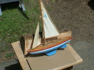 Vintage Pond Boat 60s Era 13 " Long X 17 " Tall Wood Deck,  Cloth Sails,  Plastic Hull