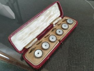 Set Of Six Art Nouveau Silver Mother Of Pearl Button Set With Central Sapphires