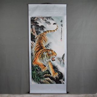 Chinese Old Antique Hand Painting Scroll Tiger Down The Mountain