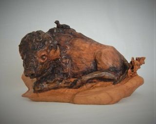 Miniature Bison / Buffalo Cherry Wood Carving Sculpture By Joan Kosel