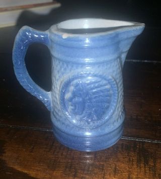 Antique Vintage Stoneware Pottery Creamer Miniature Pitcher 2 Sided Indian Head