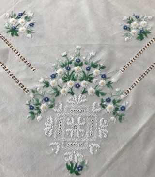 Very Large Pretty Vintage White Cotton Hand Embroidered Tablecloth
