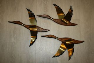 Vintage Set 3 Mid - Century Modern Danish Flying Geese Wood Brass Birds Wall Decor