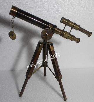 Nautical Antique Brass Telescope 14 " Vintage Marine W/ Wooden Tripod Stand Item.